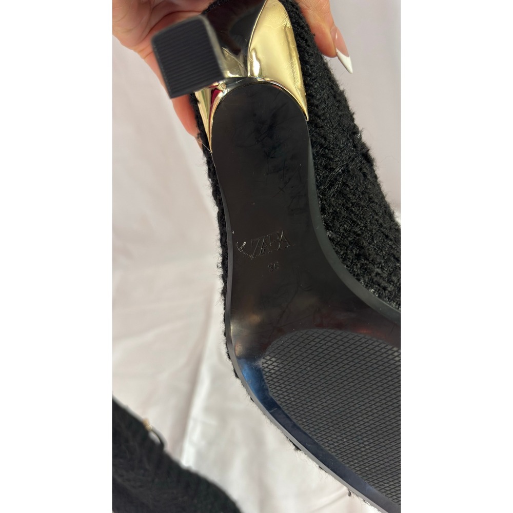$90 NWOT Zara Black Textured Pointed Toe Sock Booties Gold Heel Ankle Women's 36 - Picture 10 of 10